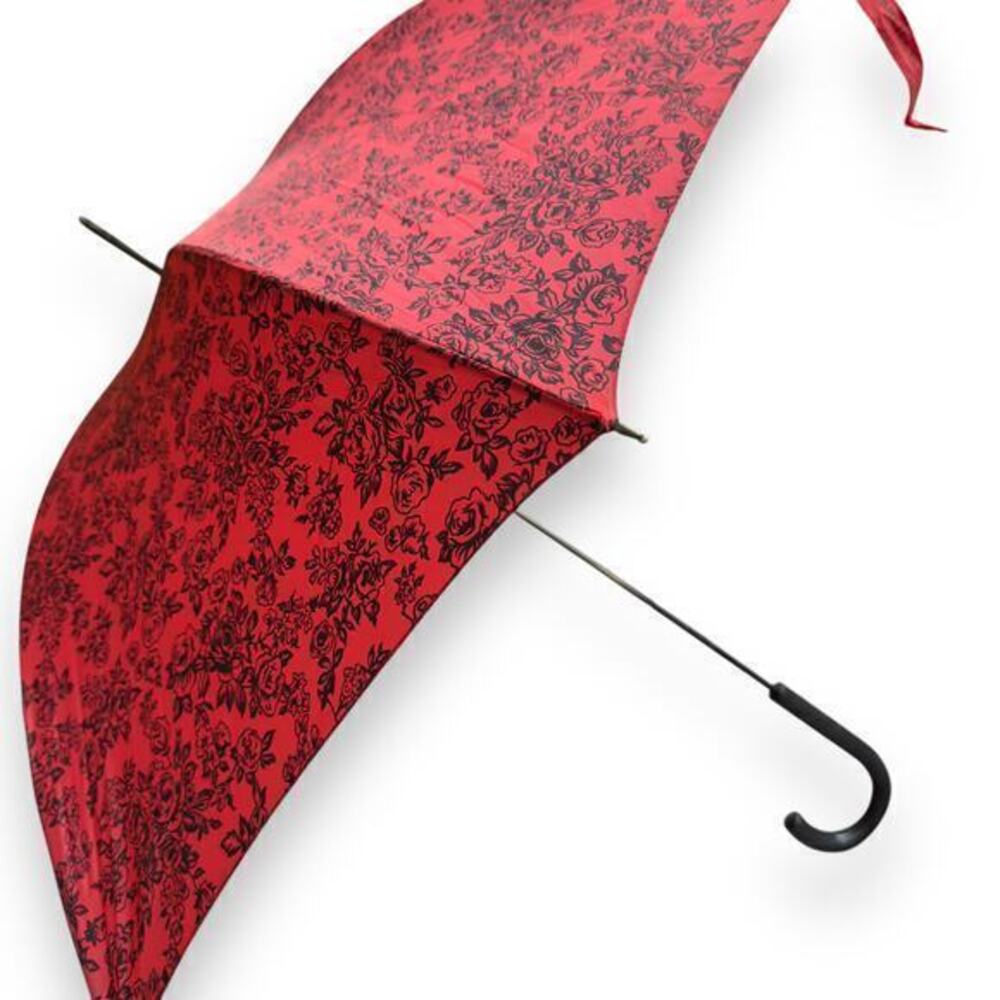Mariella Burani Parfums Rare 51” Red Roses Parasol Umbrella Vintage Hook Handle